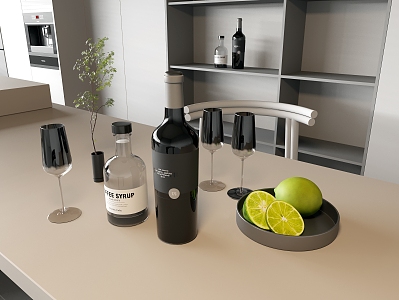 Wine Bottle Wine Glass Fruit Plate Vase Green Plant 3d model