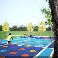 People Enjoying Volleyball Game On Colorful Sports Court Under Sunny Sky With Green Trees
