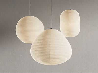 Three Ivory Paper Pendant Lights with Round and Oval Shapes Hanging Against Gray Wall 3d model