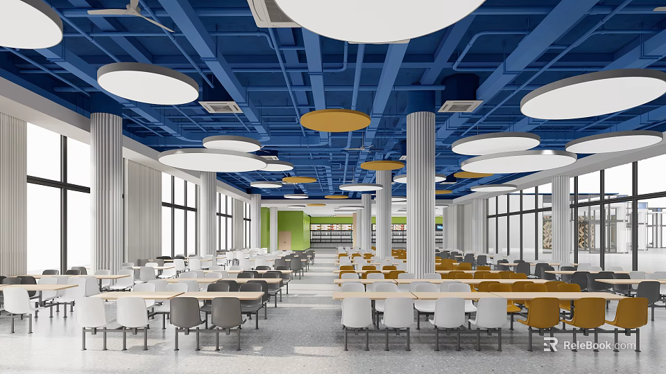Modern Canteen Interior With Blue Ceiling White Yellow Tables And Large Windows 3d model