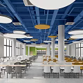 Modern Canteen Interior With Blue Ceiling White Yellow Tables And Large Windows 3d model