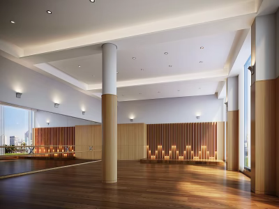 Spacious Bright Fitness Studio With Wooden Floors Walls And City View Windows 3d model