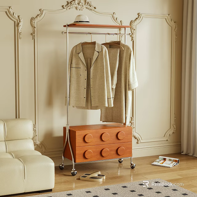 Stylish Clothes Rack with Light Colored Garments Hanging and Wooden Drawer Cabinet on Wheels 3d model 