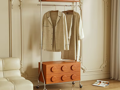 Stylish Clothes Rack with Light Colored Garments Hanging and Wooden Drawer Cabinet on Wheels 3d model