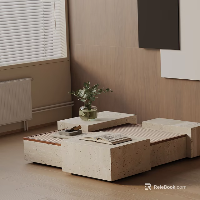 Modern Concrete Sofa And Coffee Table Set With Green Plant Books Wooden Wall And Blinds 3d model 