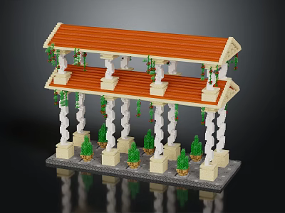 Double Story Architectural Brick Model With Red Roof White Columns Green Vines And Small Trees 3d model