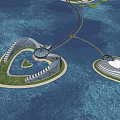 Modern Circular Oceanfront Hotel Building On Connected Islands With Green Areas