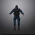 Person In Blue Protective Suit With Gas Mask And Black Tactical Vest