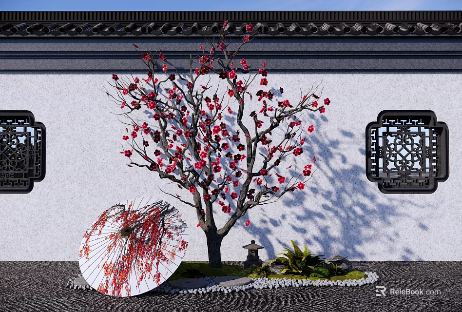 Red Blossom Arbor With White Wall Black Carved Windows Circular Fan Decoration And Pebble Ground 3d model 