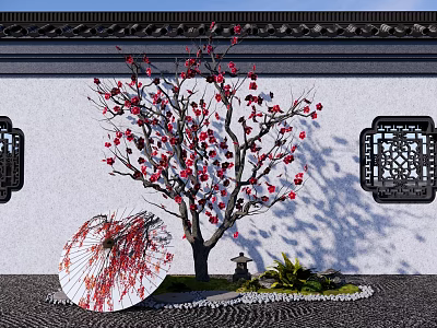 Red Blossom Arbor With White Wall Black Carved Windows Circular Fan Decoration And Pebble Ground 3d model