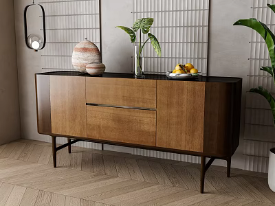 Modern Wooden TV Stand with Storage Drawers Decorative Plants and Fruit Bowl on Herringbone Floor 3d model