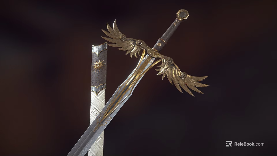 Ornate Fantasy Sword With Golden Wing Decorations And Intricate Hilt Alongside Another Blade 3d model 