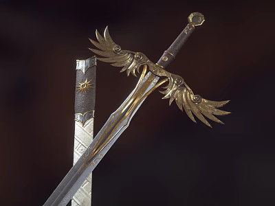 Ornate Fantasy Sword With Golden Wing Decorations And Intricate Hilt Alongside Another Blade 3d model