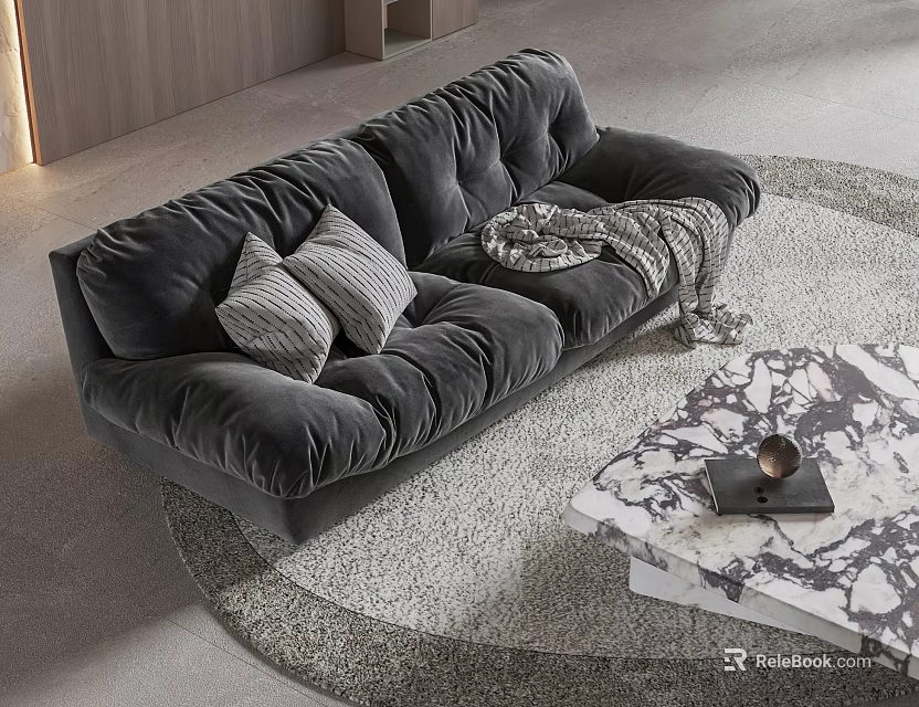 Modern Gray Velvet Sofa and Marble Top Coffee Table Set with Pillows and Throw Blanket 3d model 