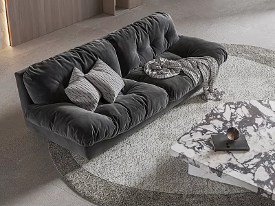 Modern Gray Velvet Sofa and Marble Top Coffee Table Set with Pillows and Throw Blanket 3d model