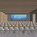 Modern Conference Room With Large Screen Arranged Chairs And Wooden Ceiling
