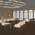 Restaurant Interior With Wooden Bookshelves Arched Windows And Dining Tables With White Chairs