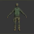 Man In Tactical Gear With Green Vest Camouflage Pants Helmet And Gloves Standing