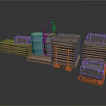 Industrial Equipment Storage Setup With Metal Drums Wooden Pallets And Carts
