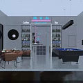 Modern Bar Interior With Dark Background Neon Lights Bar Counter Bottle Shelves And Tables Chairs