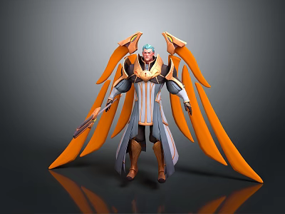 Detailed 3D Fantasy Character With Orange Wings Wearing Robe Holding Weapon Design 3d model