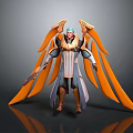 Detailed 3D Fantasy Character With Orange Wings Wearing Robe Holding Weapon Design