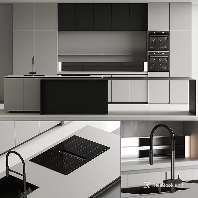 Modern Kitchen Interior With Sleek Island Counter Cabinets And Built In Ovens 3d model 