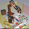 Industrial Robotic Arm With Yellow Safety Fence Handling Packaged Goods On Conveyor Belt