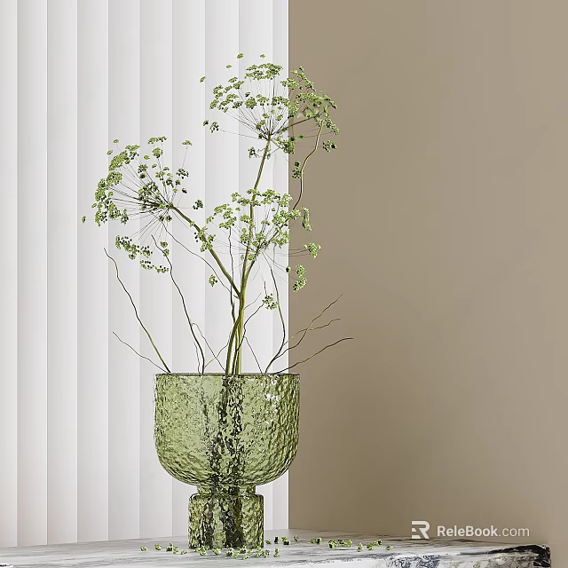 Slender Stemmed Green Leaf Sprigs in Green Textured Vase Against Light Colored Wall Background 3d model 