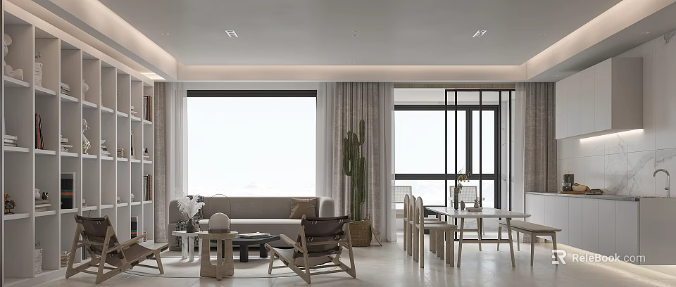 Modern Minimalist Living and Dining Room Interior With Sofa Dining Table And Cactus Plant 3d model 