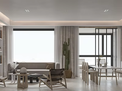 Modern Minimalist Living and Dining Room Interior With Sofa Dining Table And Cactus Plant 3d model