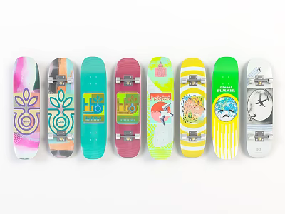 Colorful Skateboards With Various Creative Patterns And Designs On White Background 3d model