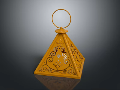 Yellow Pyramid Shaped Decorative Furniture Piece With Ring Handle And Intricate Cutout Patterns 3d model