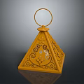 Yellow Pyramid Shaped Decorative Furniture Piece With Ring Handle And Intricate Cutout Patterns