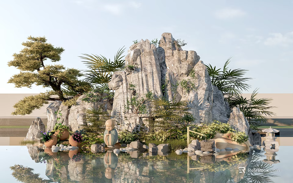 Garden Ornament Featuring Rock Formation Pine Tree Potted Plants Buddha Statue And Pond Reflections 3d model 