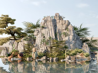 Garden Ornament Featuring Rock Formation Pine Tree Potted Plants Buddha Statue And Pond Reflections 3d model