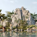 Garden Ornament Featuring Rock Formation Pine Tree Potted Plants Buddha Statue And Pond Reflections