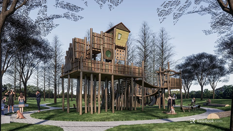 Elevated Wooden Children's Play Area With Tree House Slide Stairs And Grass Surroundings 3d model 