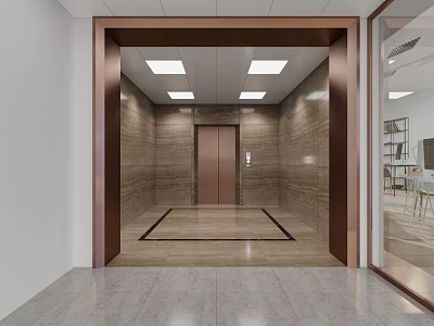 Modern Elevator Lobby With Marble Walls Recessed Ceiling Lights And Metal Frame 3d model
