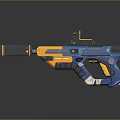 Futuristic Blue and Yellow Pistol with Scope and Modern Design Elements