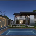 Modern Single Family Villa Exterior With Lush Garden And Water Feature