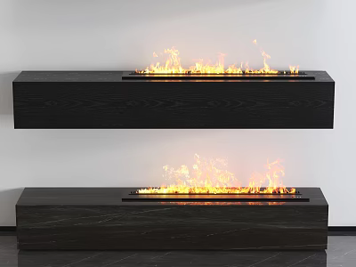 Two Modern Black Floating Fireplaces With Burning Flames In Contemporary Design 3d model
