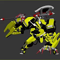 Mech Warrior Character and Yellow Black Mechanical Creature with Spear Weapon and Sharp Red Claws