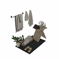 Bathroom Essentials Setup Featuring Hanging Folded Towels Bath Product Bottles Green Plant And Wooden Stand