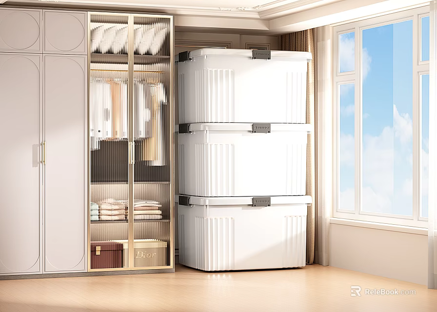 Modern White Wardrobe In Bright Room With Hanging Clothes And Stacked Storage Boxes 3d model 
