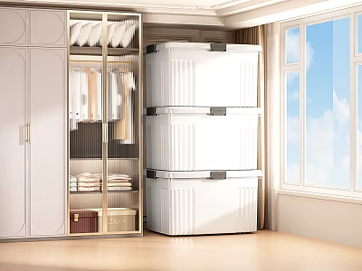 Modern White Wardrobe In Bright Room With Hanging Clothes And Stacked Storage Boxes 3d model
