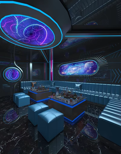 Modern Luxury Lounge With Purple Blue Neon Lights Starry Space Mural And Circular Decor 3d model