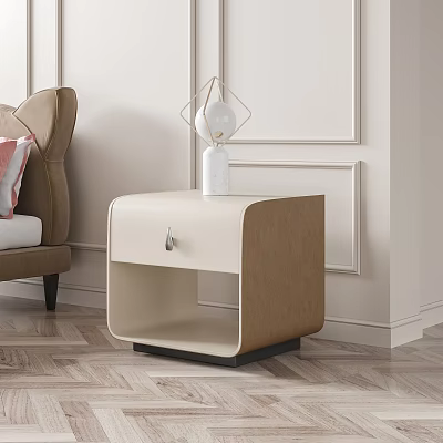 Modern Beige Brown Bedside Table With Drawer Metal Handle And White Vase On Top 3d model