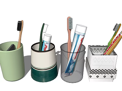Daily Washing Essentials Display With Toothbrushes Toothpaste Tubes Colorful Cups And Patterned Boxes 3d model