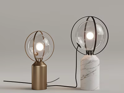 Modern Table Lamps with Gold and Marble Bases and Transparent Spherical Shades 3d model